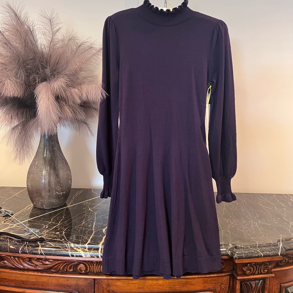CeCe Elegant Long Sleeve Dress in Navy Blue-Deep Purple New With Tags